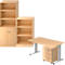 Wooden office furniture set: wall unit with cupboard and shelves, height-adjustable desk with drawers. Wood grain visible.