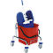 A red bucket with a blue press and mop on a wheeled frame.
