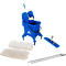 Blue cleaning cart with accessories: bucket, mop, two mop pads and handle. Standing on a white background.