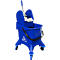 Blue mop bucket with wringer. A handle and a base with rollers.