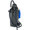Dark gray wet-dry vacuum cleaner with black hose and blue container. On wheels.