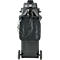 Black industrial vacuum cleaner, back view. Hoses, wheels, and housing are visible.
