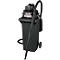 Black industrial vacuum cleaner on a black container with wheels. Hose and suction pipe are attached. Inscription: Manutec Mammut.