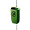 Green trash can on a pole. On the can a pictogram: Man throws garbage into a basket.
