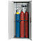 Cabinet with three gas cylinders in blue, red and yellow, with pressure regulators. The cabinet doors are open.