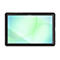 Ein schwarzes Tablet in einer Schutzhülle; der Bildschirm zeigt grüne und blaue abstrakte Formen.