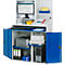 Büroschrank mit Computerbildschirm, Tastatur, Druckern, Ordnern, PC, blau/weißer Farbe.