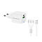 Weißes Ladegerät mit Kabeln vor weißem Hintergrund. Das Ladegerät hat einen USB-C-Anschluss.