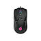 Schwarze Gaming-Maus mit RGB-beleuchtetem Scrollrad und pinkem Logo auf dem Mausrücken.