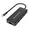 Schwarzer USB-C-Hub mit AnschlÃ¼ssen, Kabel, isoliert auf weiÃŸem Hintergrund.