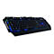 Schwarze Gaming-Tastatur mit bunter RGB-Hintergrundbeleuchtung vor neutralem Hintergrund.