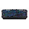 Schwarze Gaming-Tastatur mit RGB-Hintergrundbeleuchtung vor neutralem weißem Hintergrund.