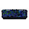 Schwarze Gaming-Tastatur mit bunter LED-Hintergrundbeleuchtung vor neutralem Hintergrund.