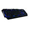 Schwarze Gaming-Tastatur mit RGB-Hintergrundbeleuchtung vor weißem Hintergrund.