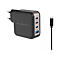 Schwarzes Conceptronic GaN 100W Ladegerät mit vier Anschlüssen und USB-C Kabel vor weißem Hintergrund.
