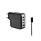 Ein schwarzes Ladegerät mit mehreren USB-Anschlüssen und einem USB-C-Kabel vor weißem Hintergrund.