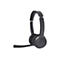 Schwarzes On-Ear-Headset mit verstellbarem Kopfbügel, Lederpolstern und einem ausladenden Mikrofonarm.