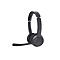Dunkelgraues Headset, Mikrofon am linken Ohr, Bügel über dem Kopf, Ohrmuscheln rund.