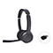 Schwarzes On-Ear-Headset mit ausklappbarem Mikrofonarm und separatem USB-Dongle auf weißem Hintergrund.