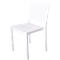 White plastic chair, minimalist design. Square seat, straight back.