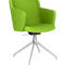 Green swivel chair, upholstered with armrests, on a silver base.