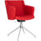 Red swivel chair with armrests and silver feet. Modern design.