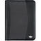 Black zippered file folder, rounded edges, with a logo in the lower right corner.