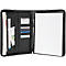 Opened black leather folder with documents and card slots on the left, paper on the right. Pen and zipper visible.
