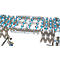 Extendable roller conveyor made of metal. Blue rollers on silver frames, on wheels.