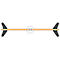 Top view of a toy propeller. It has a wooden stick with two gray wings and a white center.
