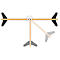 Schematic representation of a wooden wind turbine with black wings, which appears to be turning in the wind.
