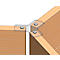 Close-up of a furniture connector. The transparent bracket connects three wooden panels with screws.