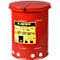Red cylindrical oily waste can with a yellow label and white text. The lid is removable. There are small, round openings at the bottom.