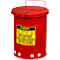 Red oily waste can with yellow warning label. Reads: EMPTY EVERY NIGHT. Features lid and handle.