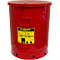 Red oily waste can with lid and handle. Yellow label with "JUSTIRITE" and "EMPTY EVERY NIGHT".