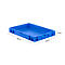 Blue plastic crate with dimensions 600 x 400 x 75 mm.
