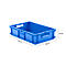 Blue plastic box with handles and dimensions: 600 mm x 400 mm x 140 mm.