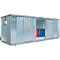 Metalen container met open schuifdeur. Rode en blauwe vaten binnenin.