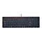 Schwarze PC-Tastatur mit deutschem QWERTZ-Layout und silbernem Rahmen vor weißem Hintergrund.