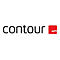 Firmenlogo der Marke Contour in schwarzer Schrift mit einem roten Quadrat, das eine weiße Welle enthält.
