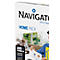Paper pack with the Navigator lettering, Home Pack. In the background: woman drinking coffee, man printing diagrams.