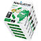 A stack of paper packs labeled Navigator Universal, white blocks, green world map.
