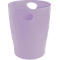 Poubelle lilas avec poignées. Cylindrique, en plastique.
