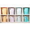 Huit conteneurs colorés dans une étagère blanche. Haut: orange, violet, blanc, turquoise. Bas: beige, lilas, bleu clair, turquoise.