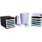 Accessoires de bureau : boîte empilable, porte-revues, poubelle, porte-stylos. Couleurs : noir, lilas, turquoise et orange.