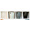 Quatre récipients cylindriques de couleurs différentes avec des ouvertures de poignée dans une étagère blanche. Couleurs: blanc, bleu clair, gris et noir.