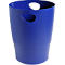 Poubelle cylindrique bleue en plastique. Il y a deux ouvertures de poignée sur les côtés.