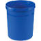 Poubelle cylindrique bleue, avec un bord surélevé et une ligne circonférentielle.