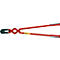 Red and black bolt cutters, detail view. Red handles and long levers, black cutting jaws.