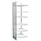 Corner shelf with five white, hexagonal shelves, supported by a silver, perforated column.